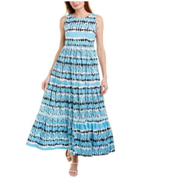 Tyler Boe Dresses & Skirts - Tyler Boe 100% Cotton Poplin Tiered Maxi Dress Aqua Blue Ikat Abstract Small